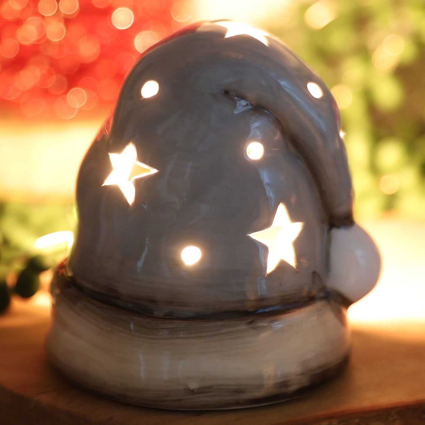 Beige Ceramic Santa Hat Tealight Holder Stars Cut Out Christmas Festive Decor