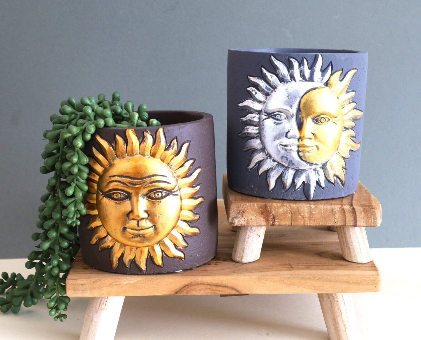 15 cm Solar Lunar Golden Sun Cement Grey Plant Pot Holder Cache Cover Planter