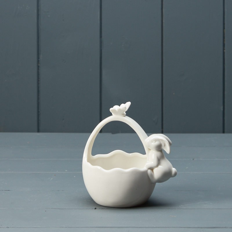 Ceramic White Posey Basket Rabbit Statue 12cm Pot Glossy with Handle Home Decor