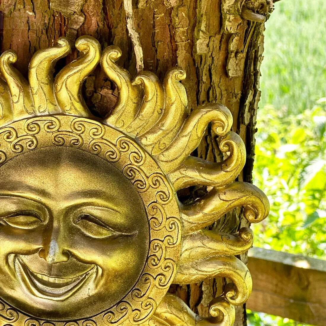 Resin Gold Jolly Sun Hanging Wall Plaque Garden Home Statue Decor Ornament