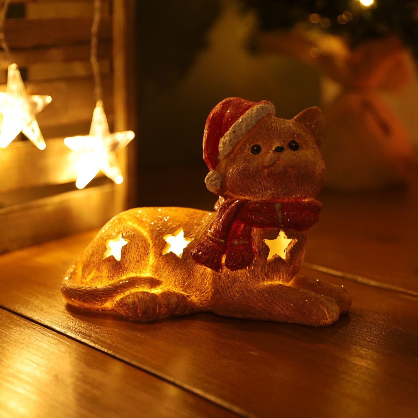 Christmas Cement Sitting Cat With Led Ornament Scarf Cap Stars Cutout Home Gift