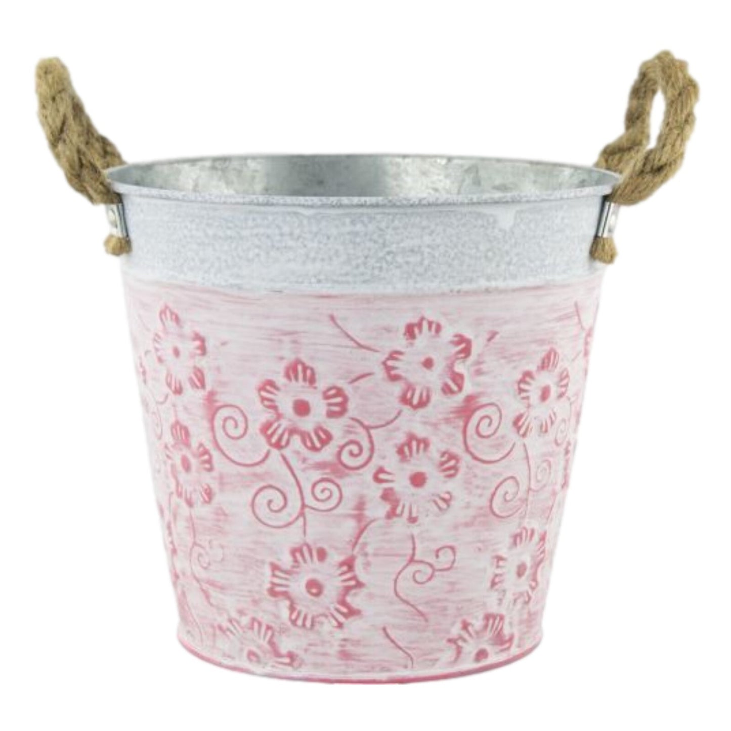 Tin Pail Plant Pot 20cm Pink Floral Planter With Rope Handles Indoor Outdoor Pot