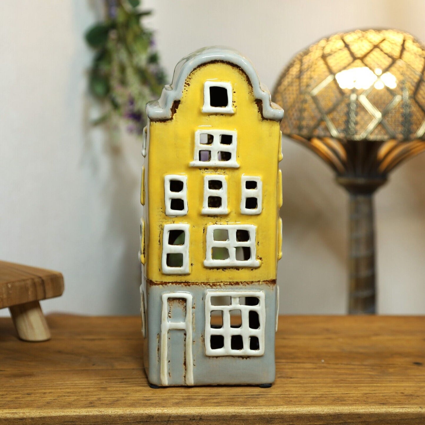 Mustard Yellow Ceramic House Tall Tealight Candle Holder Village Pottery Cottage