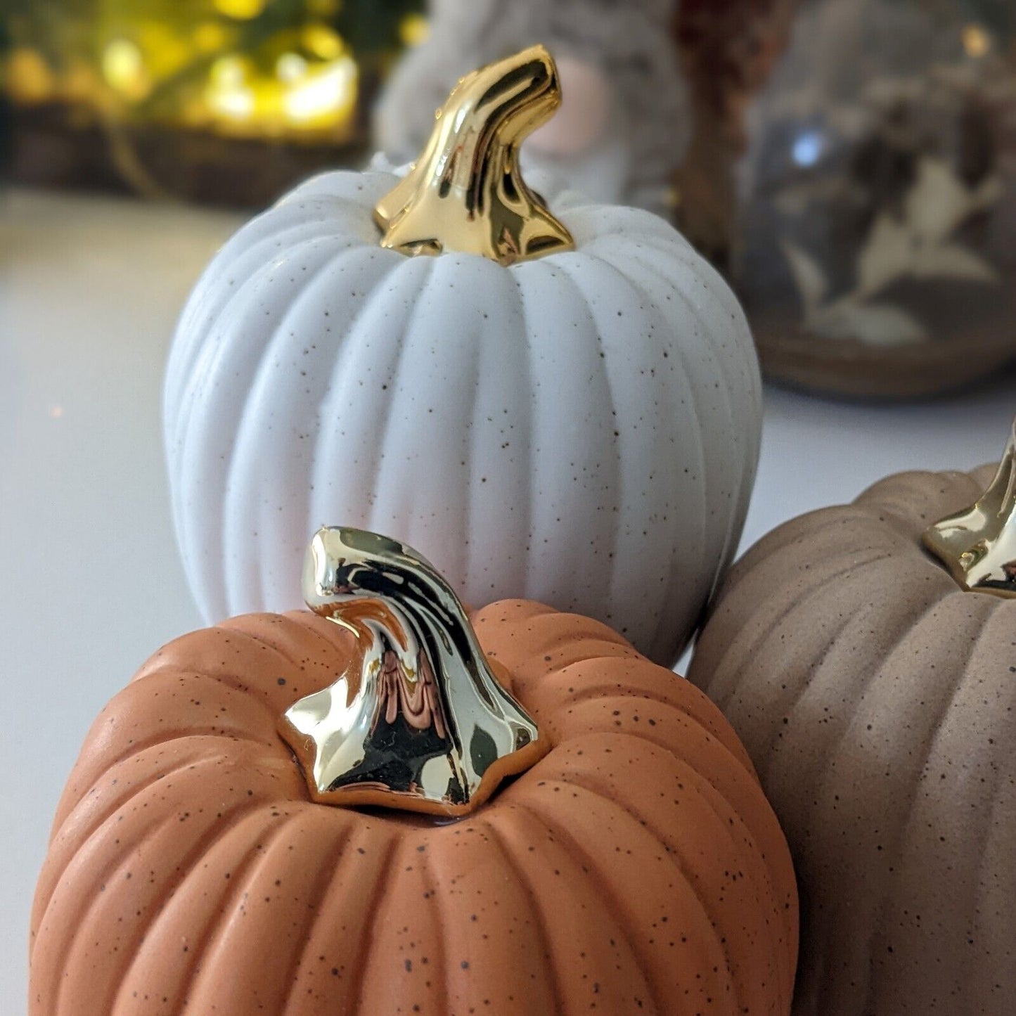 8cm Autumn Harvest Halloween Decor Pumpkin Rustic Ceramic Gold Stem Ornament
