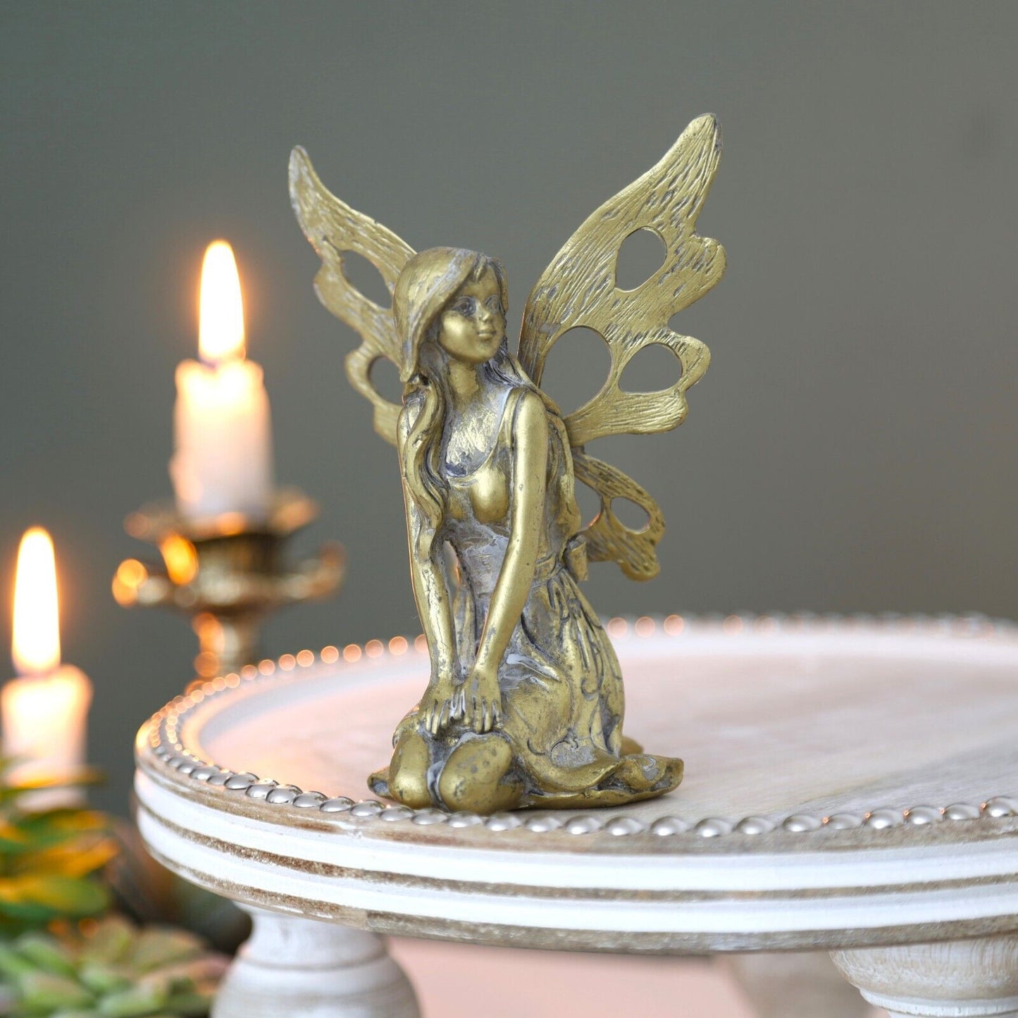 Antique Resin Fairy with Metal Wings Statue Sitting Garden Home Decor Ornament