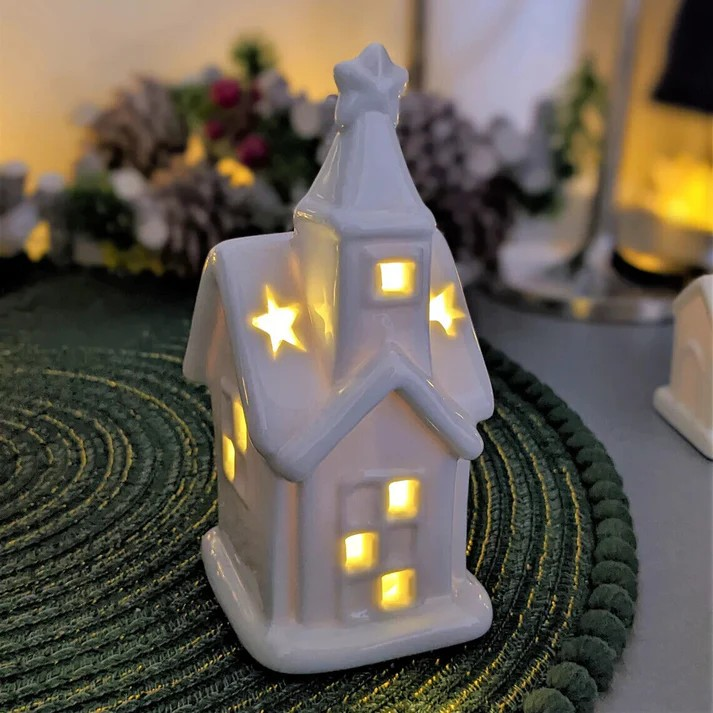 2Pc White Ceramic House- Church Glitter Light Up Hut Xmas Christmas Ornament