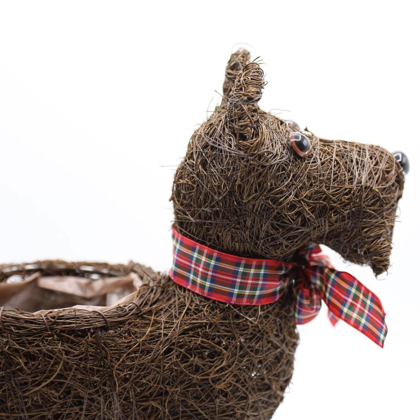 Rattan Scottie Dog Planter Pot Tartan Ribbon 31cm Rustic Garden Ornament Decor