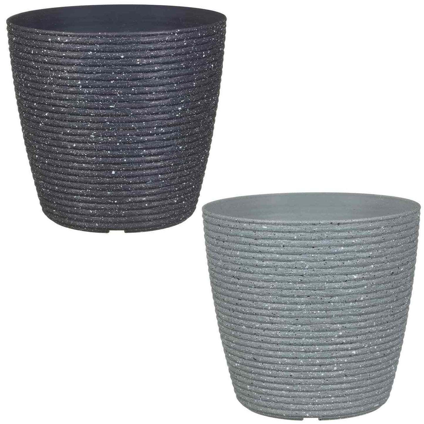 18cm Round Plastic Plant Herb Flower Pot Planter Ribbed Grey Speckled Design