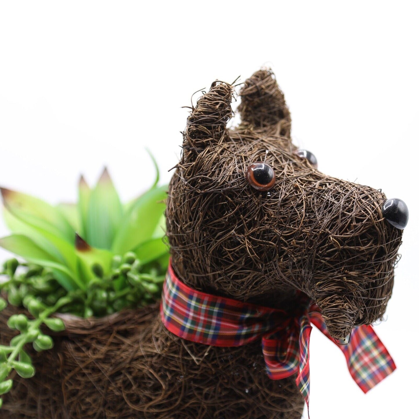 Rattan Scottie Dog Planter Pot Tartan Ribbon 31cm Rustic Garden Ornament Decor