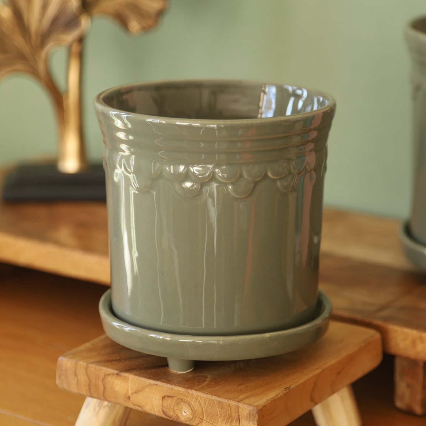 Ceramic Sage Green Plant Pot Raised Saucer Scalloped Edge Glazed Planter Outdoor