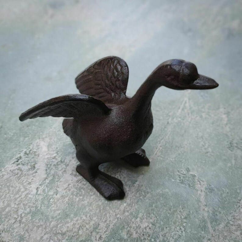 Small Duck with Wings Spread 14cm Cast Iron Garden Lawn Pond Statue Sculpture