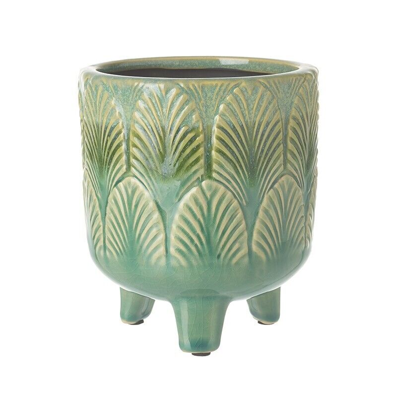Green Ceramic Leaf Geometric Plant Pot With Legs Tripod Planter Reactive Glazed