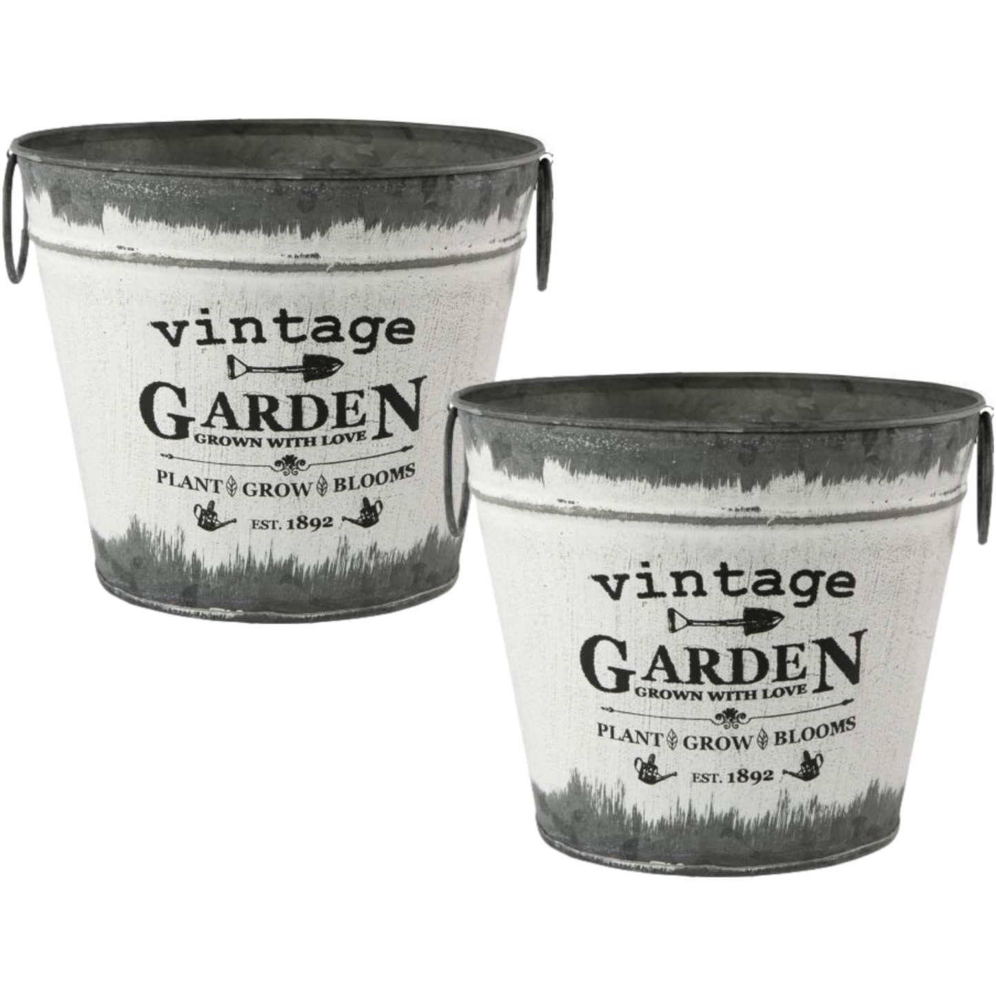2Pc Vintage Garden Metal Tin Pail 20cm Plant Pot Handles Grey Planter Decor