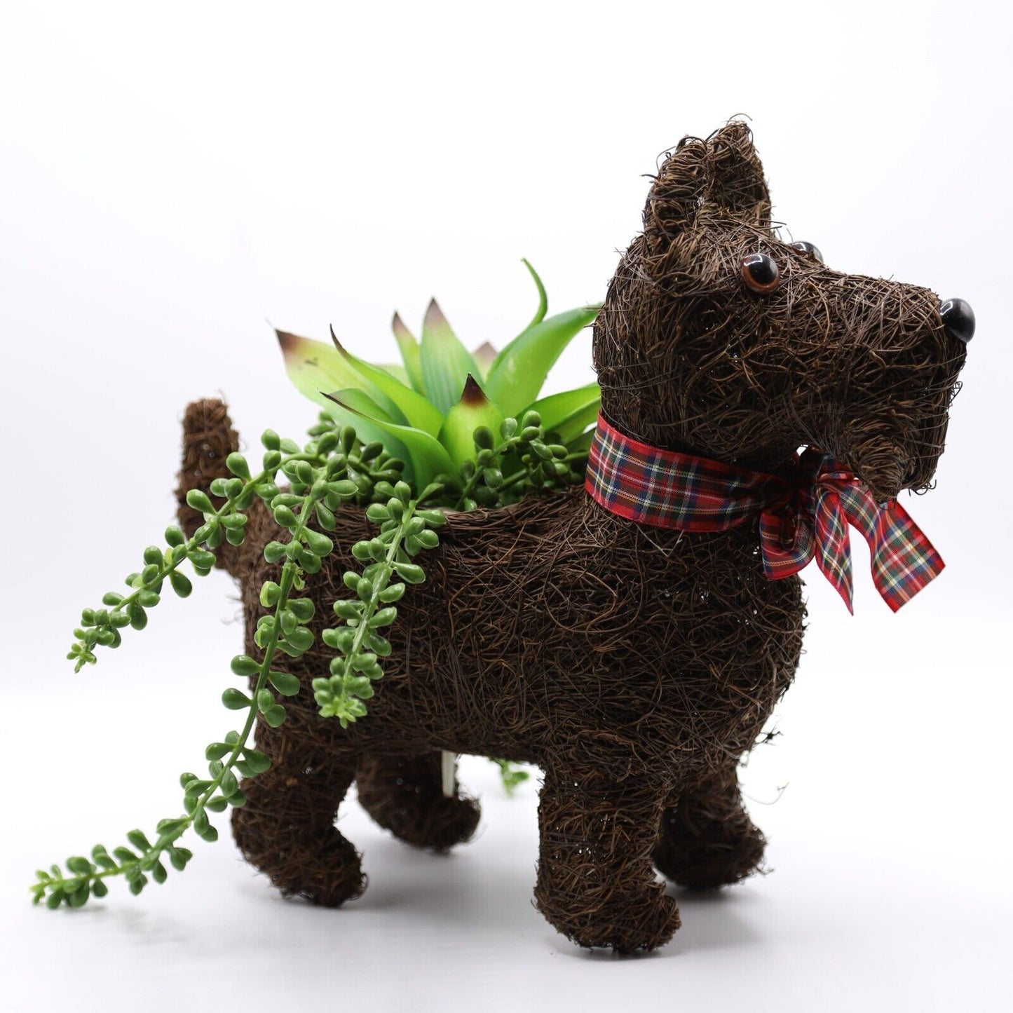 Rattan Scottie Dog Planter Pot Tartan Ribbon 31cm Rustic Garden Ornament Decor