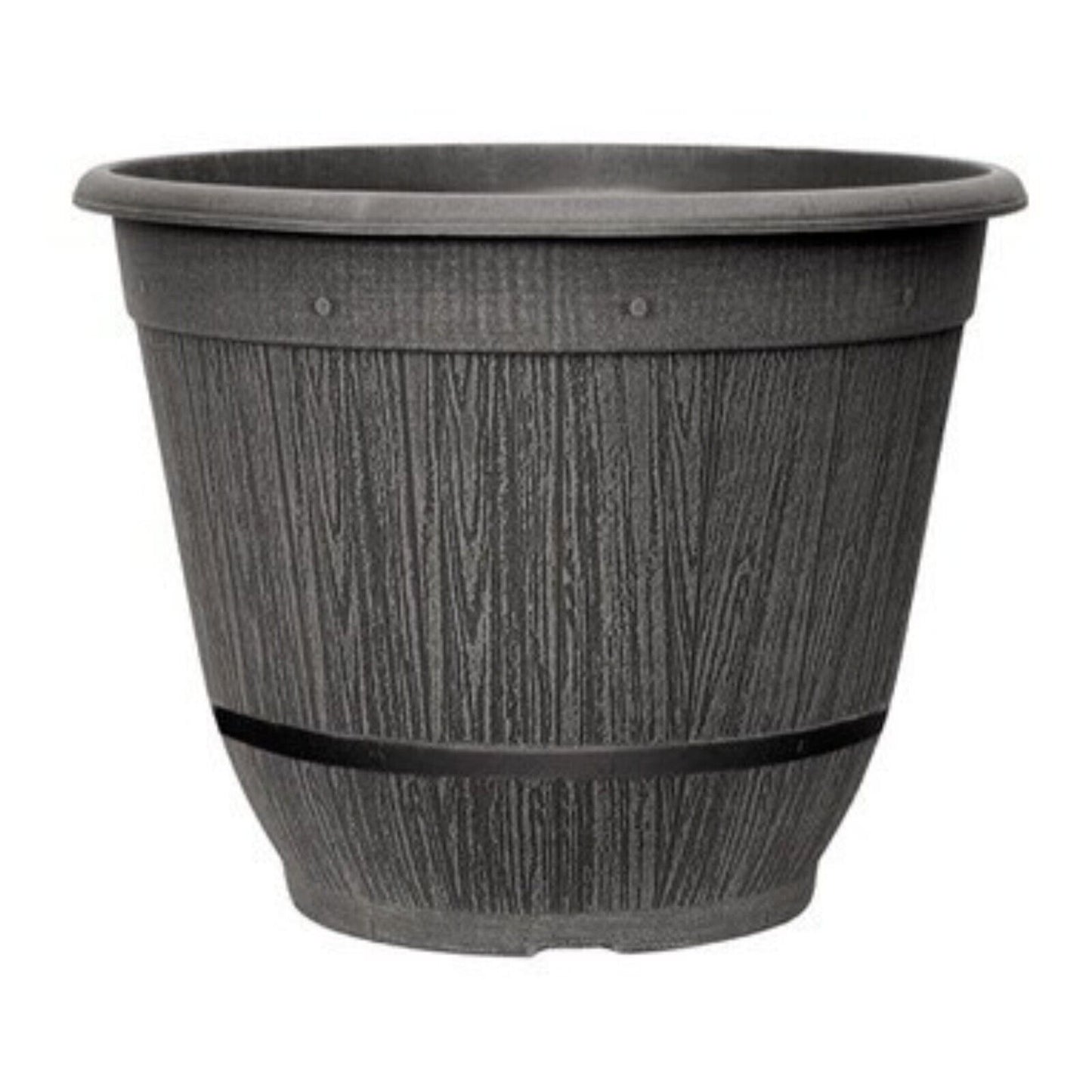 Round Grey Plastic Cask Planter Bell with Band 35cm Home Garden 17L Plant Pot