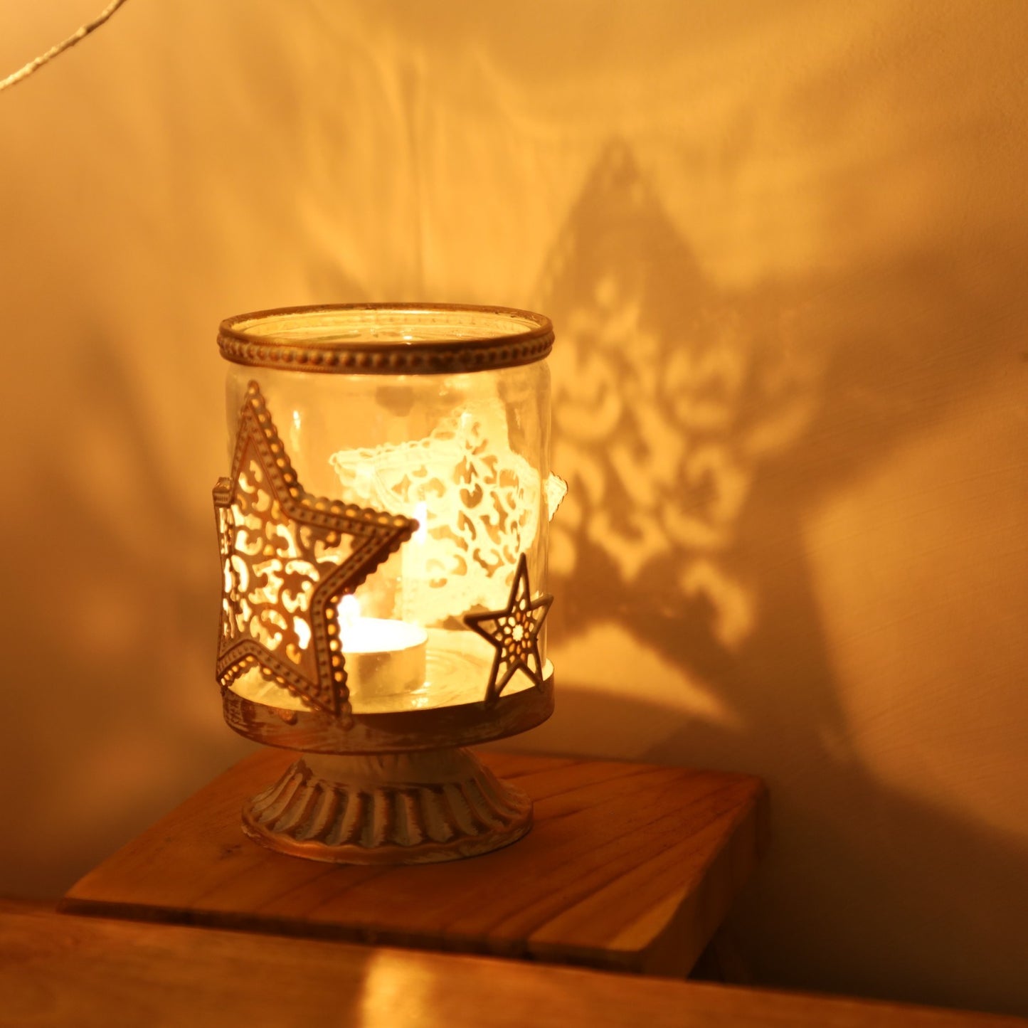 2Pc Rose Gold Glass Star Candle Holders Metal Stars Festive Whitewashed Xmas
