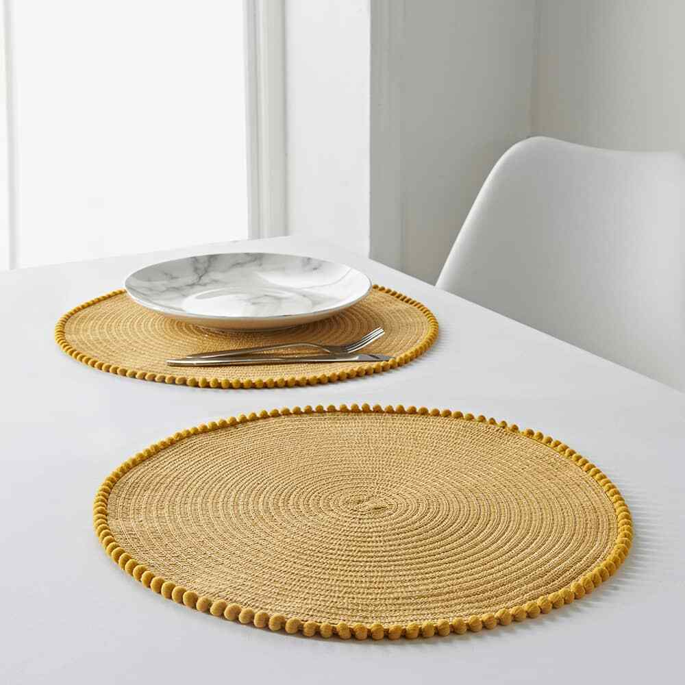 Table Placemats Round Pom Pom Pink Grey Ochre Yellow Set of 6 / 12 Place Mats