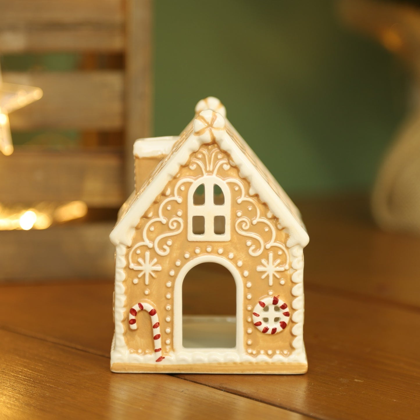 Gingerbread Brown House Ceramic Tealight Candle Holder Christmas Xmas Ornament