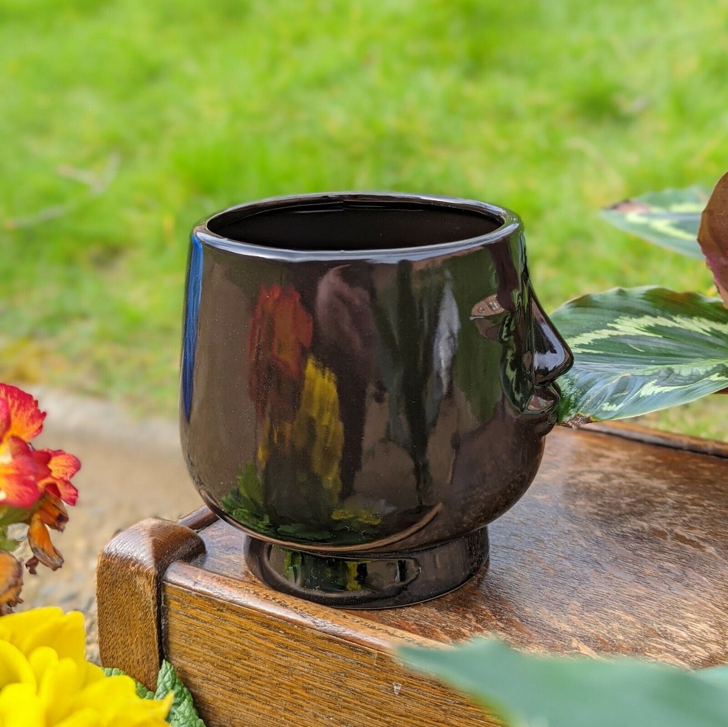 Ceramic Nordic Face 14cm Black Planter Pot Cover Indoor Round Modern Décor