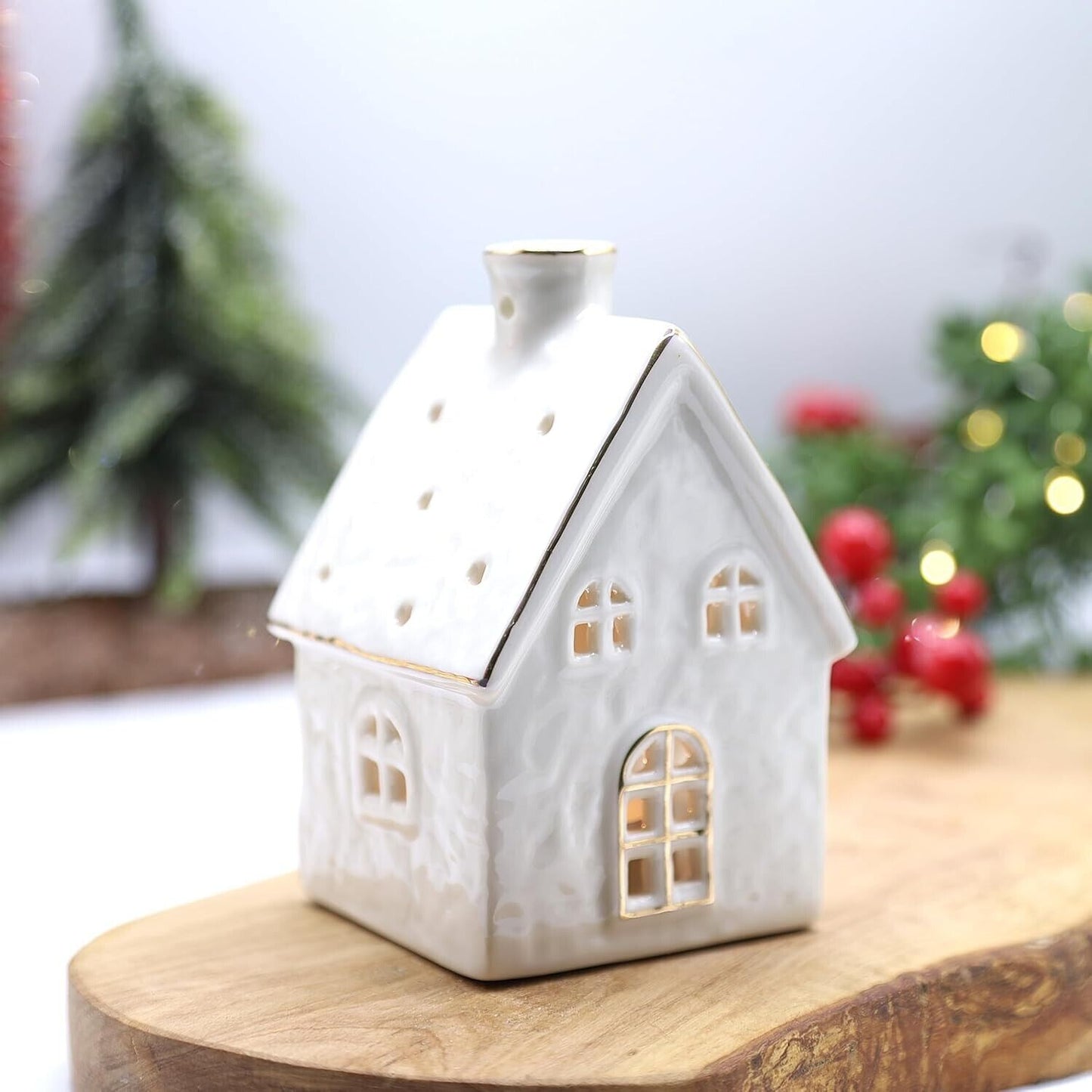Ceramic White Tealight House Indoor Tealight Holder Xmas Festive Gift Home Decor