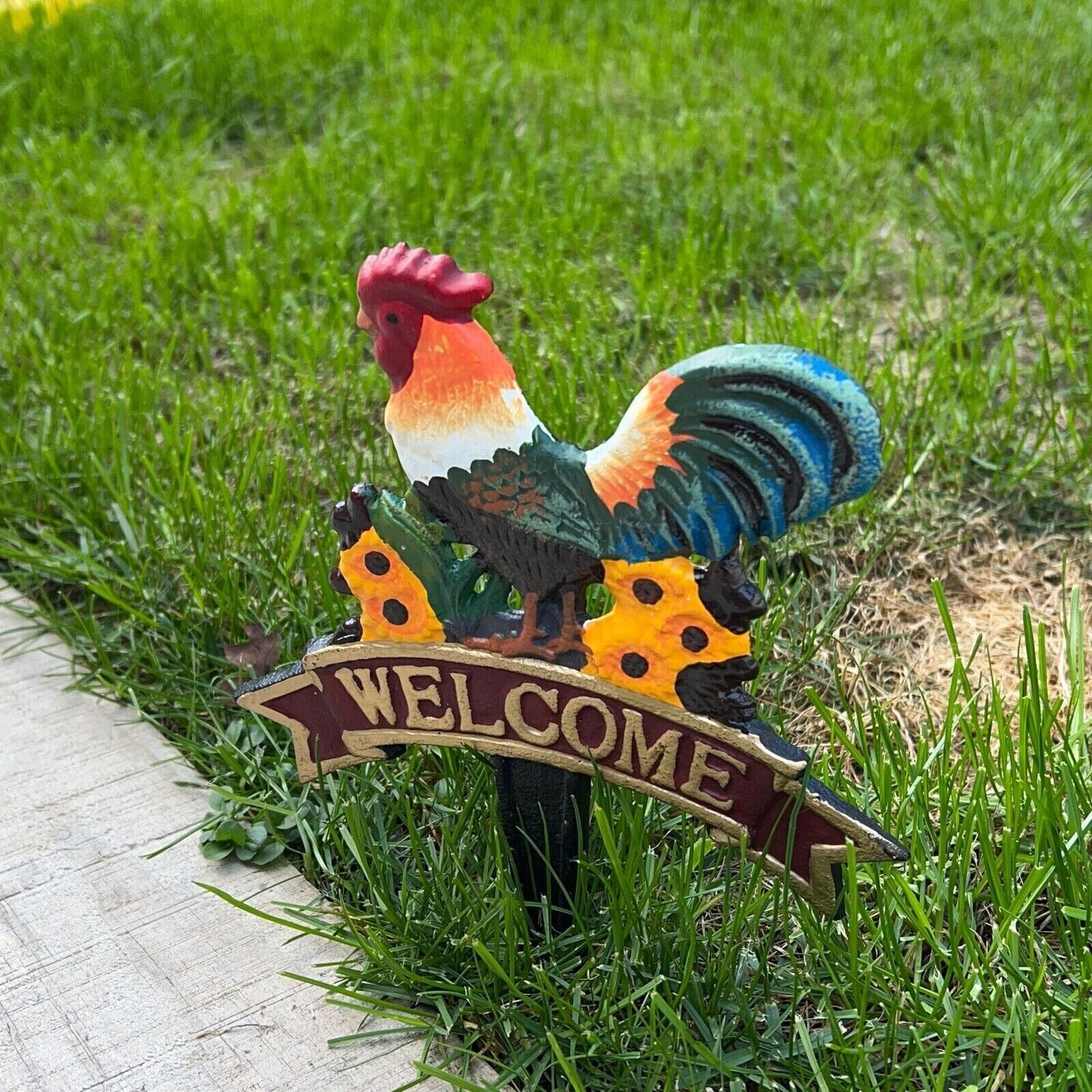 Welcome Cockerel Chicken Grass Metal Bird Sign Plaque Garden Park Lawn Yard