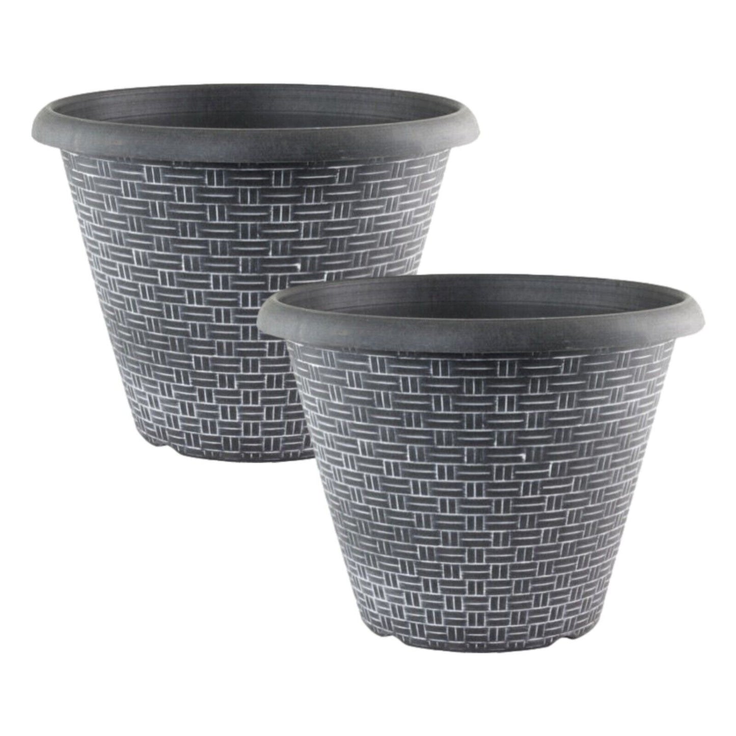 2Pc Round Plastic Plant Pot 30cm Black Woven 9L Home Garden Outdoor Planter