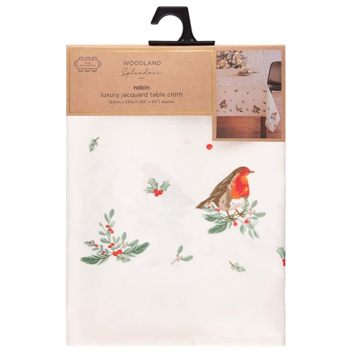 Luxury Christmas Jacquard Winter Robin Dining Table Cloth Cover Protector 230cm