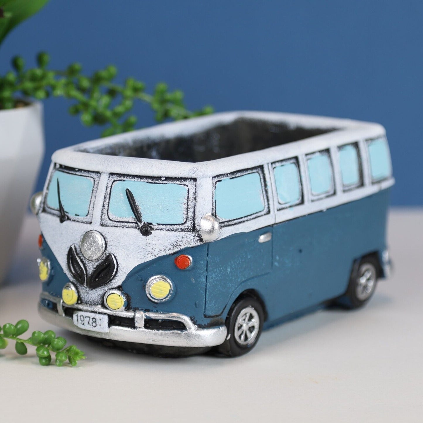 12cm Blue Campervan Planter Garden Plant Herb Flower Retro Pot Cement Trough