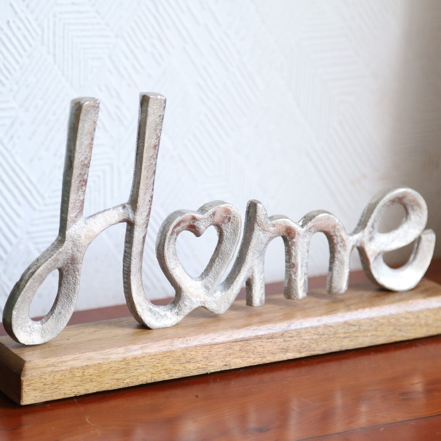 Silver Aluminium HOME Letters on Wooden Base 30cm Home Decor Ornament