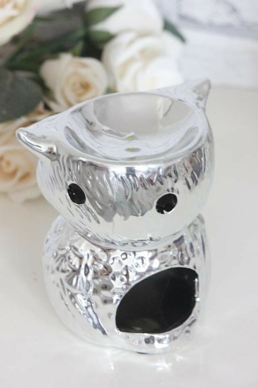 Silver Sparkle Glitter Owl Oil Burner Wax Tealight Candle Perfume Free Gift