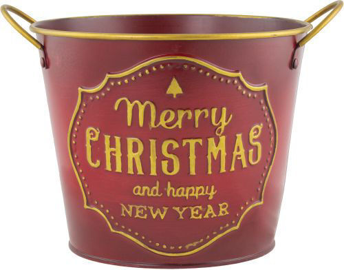15cm Metal Christmas New Year Red Plant Pot Tin Pail Planter Gold Decor