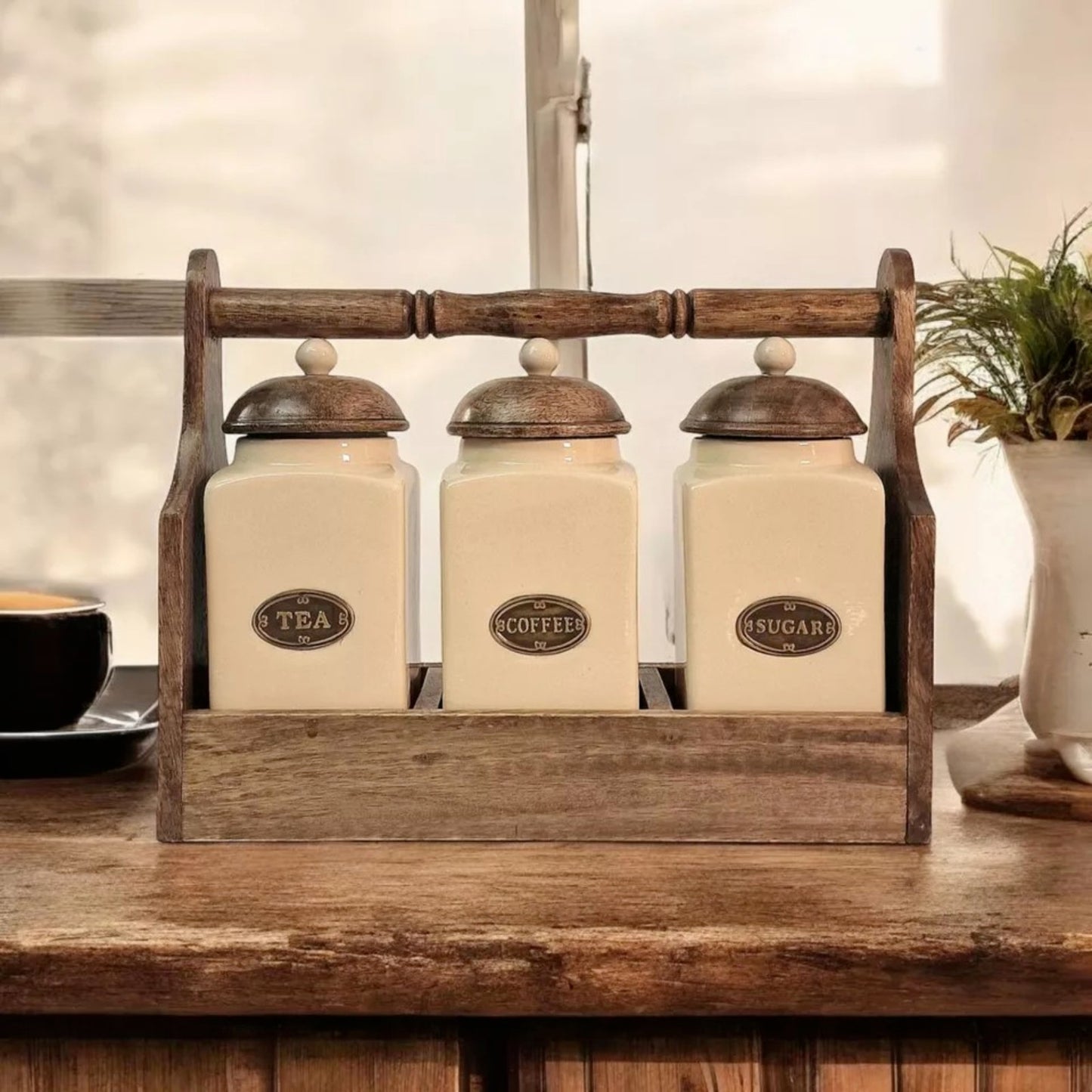Cream Ceramic Coffee Tea Sugar Jars Air Tight Lids Brown Wooden Rack Kitchen