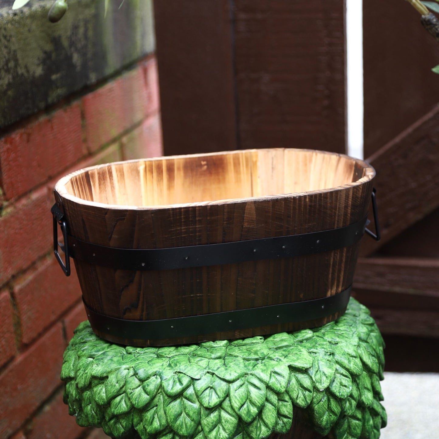2Pc Oval Wooden Container Planter 30cm, Metal Handles Band Outdoor Garden Pot