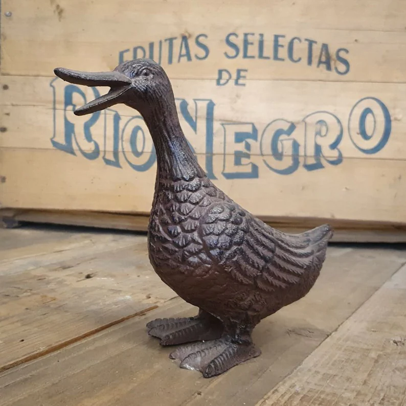 Small Cast Iron Happy Duck Garden Ornament Rustic Standing Lawn Figure Sculpture