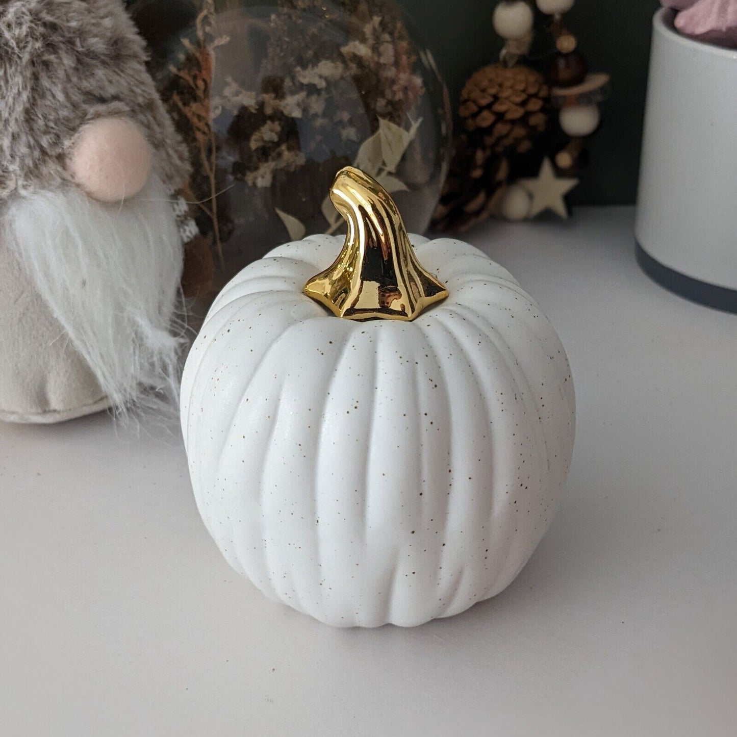 8cm Autumn Harvest Halloween Decor Pumpkin Rustic Ceramic Gold Stem Ornament