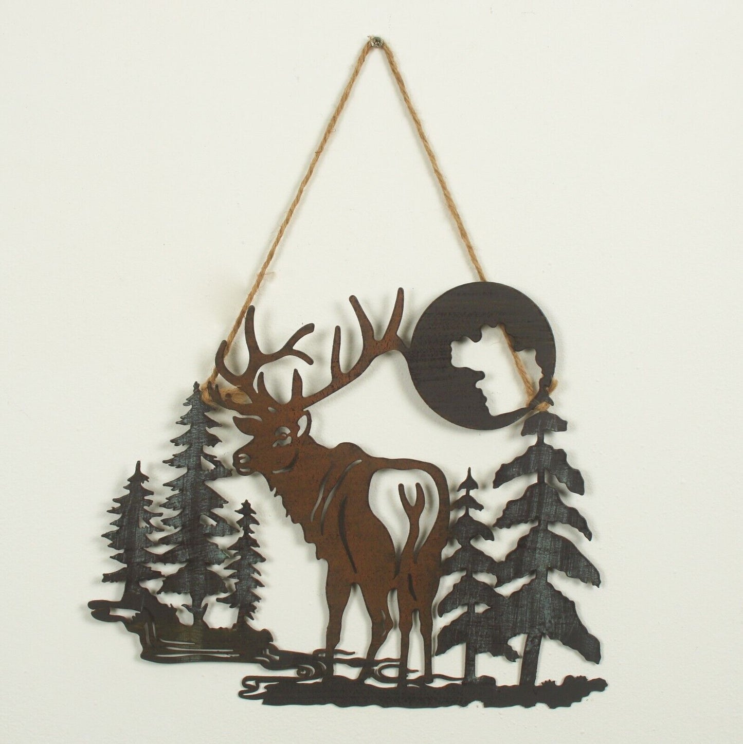 Stag Highlands Scene Metal Cut Out Rustic Design Christmas Decor Wall Hanging