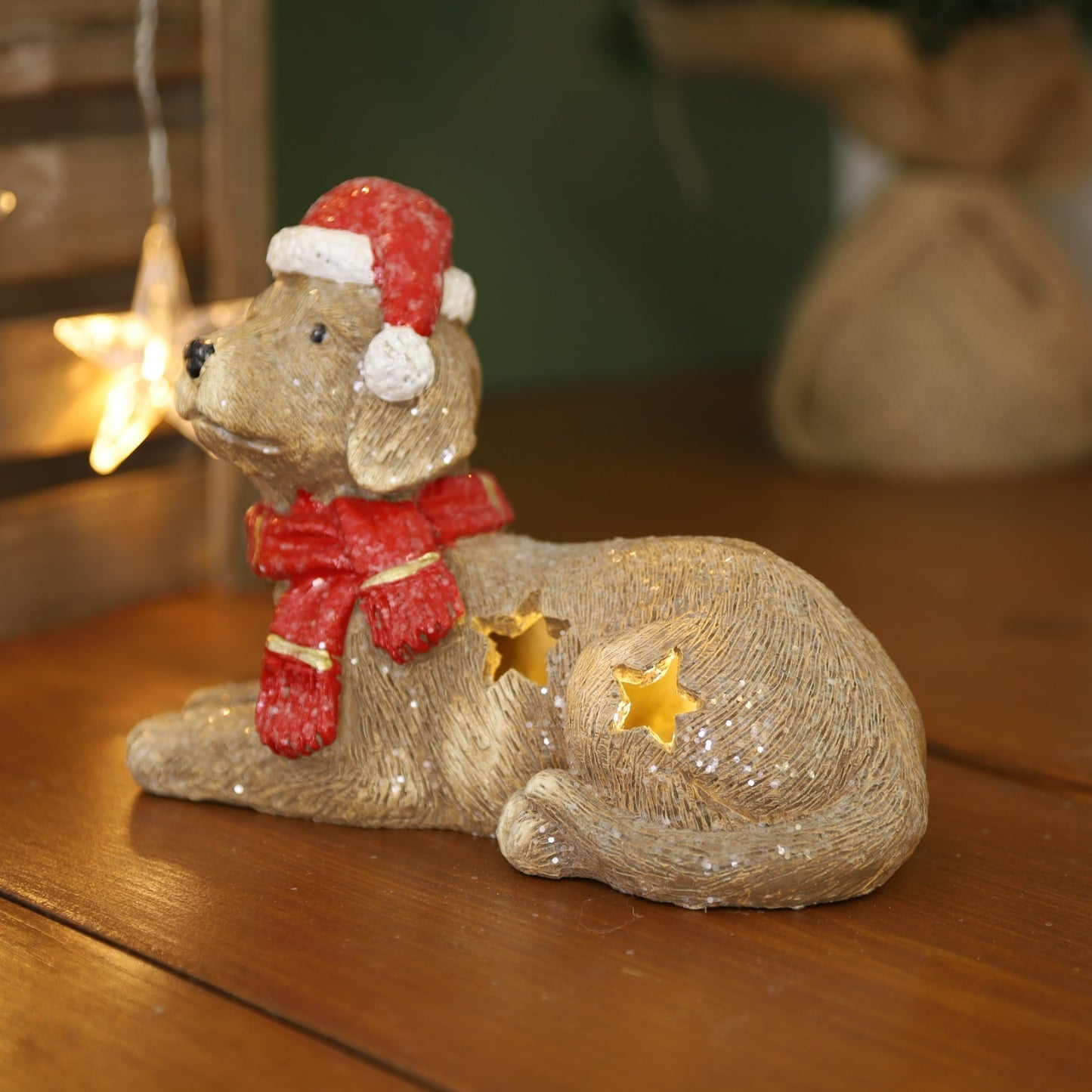 Christmas Cement Sitting Dog With Led Ornament Scarf Cap Stars Cutout Home Gift