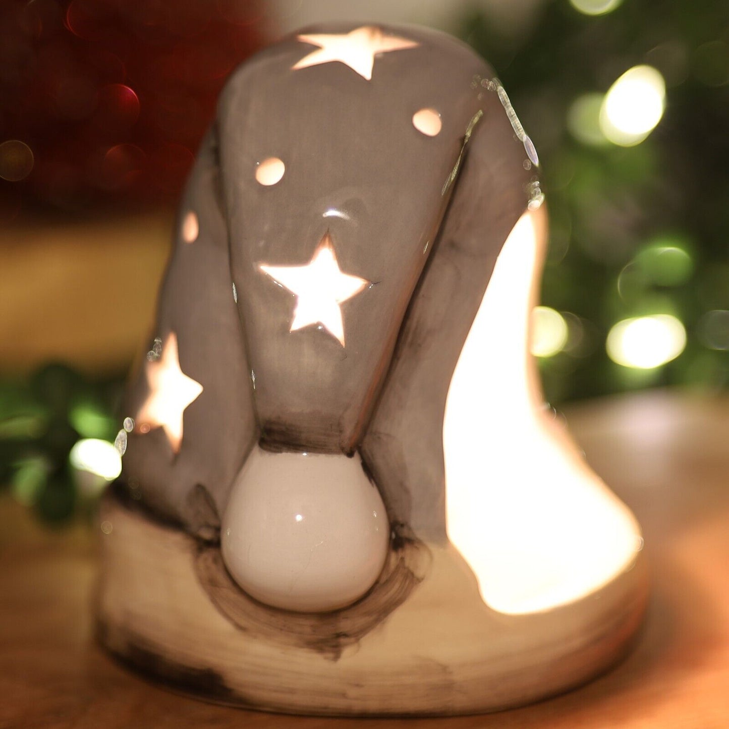 Beige Ceramic Santa Hat Tealight Holder Stars Cut Out Christmas Festive Decor