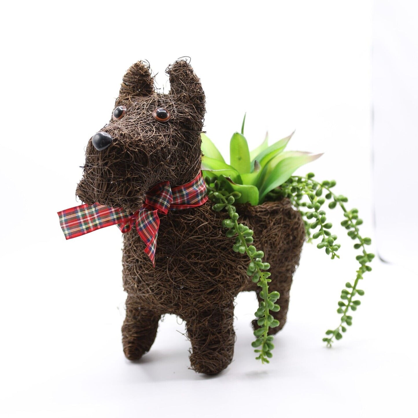 Rattan Scottie Dog Planter Pot Tartan Ribbon 31cm Rustic Garden Ornament Decor