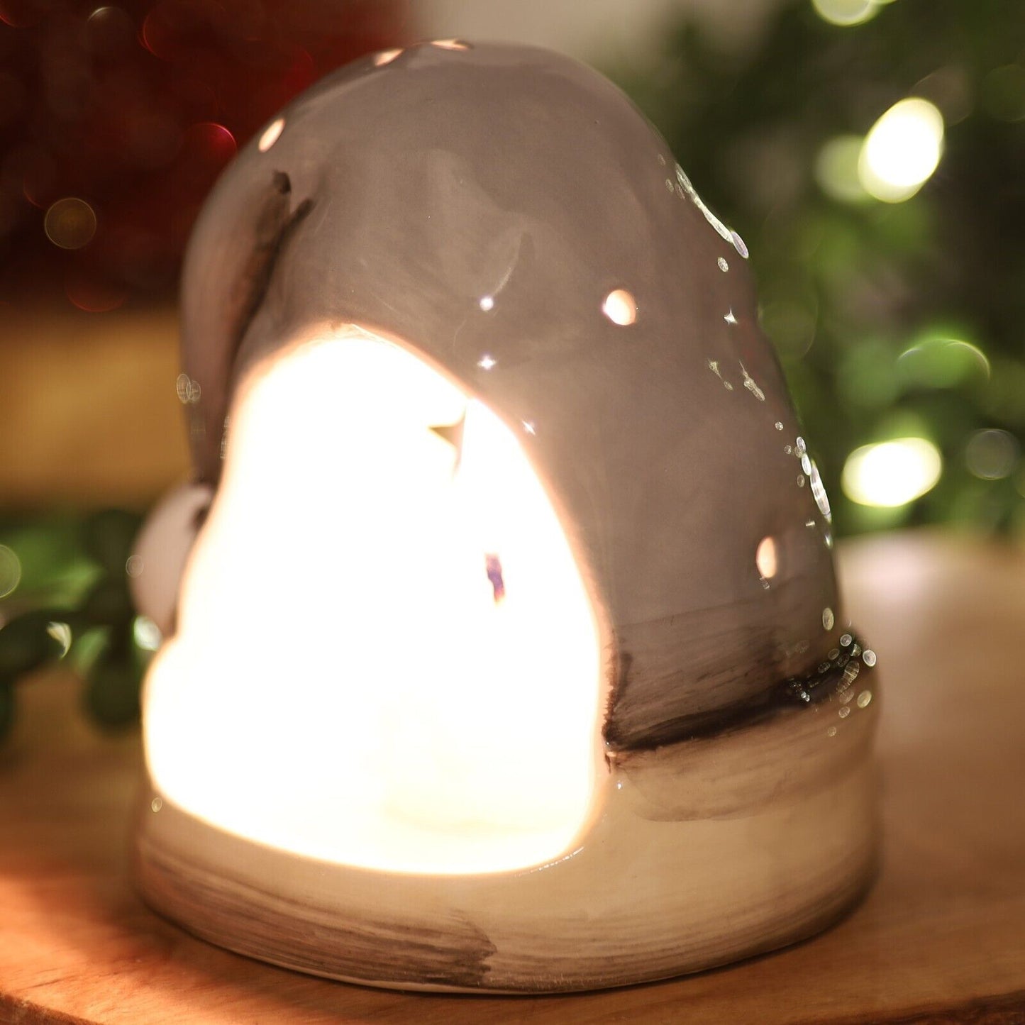 Beige Ceramic Santa Hat Tealight Holder Stars Cut Out Christmas Festive Decor