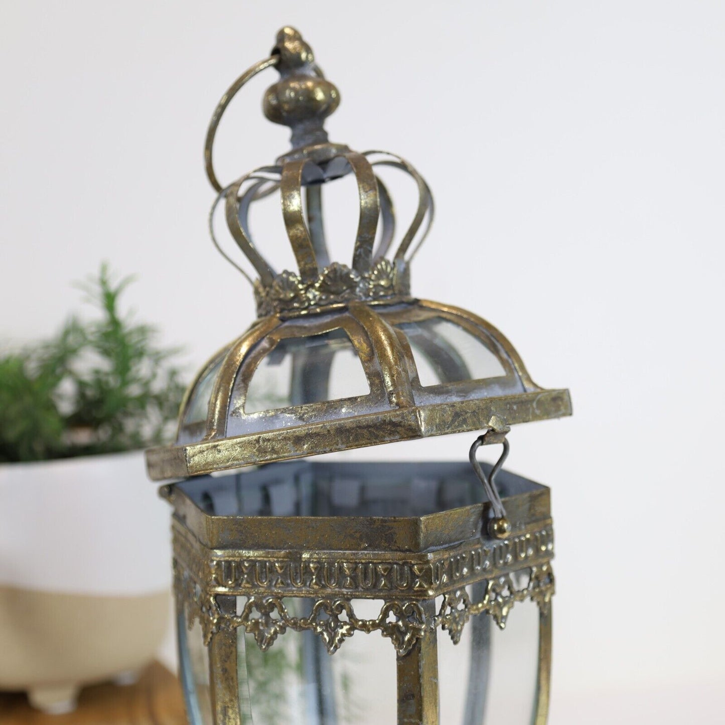 Gold Tealight Vintage Candle Metal Lantern Hexagonal Pillar Glass Antique Style