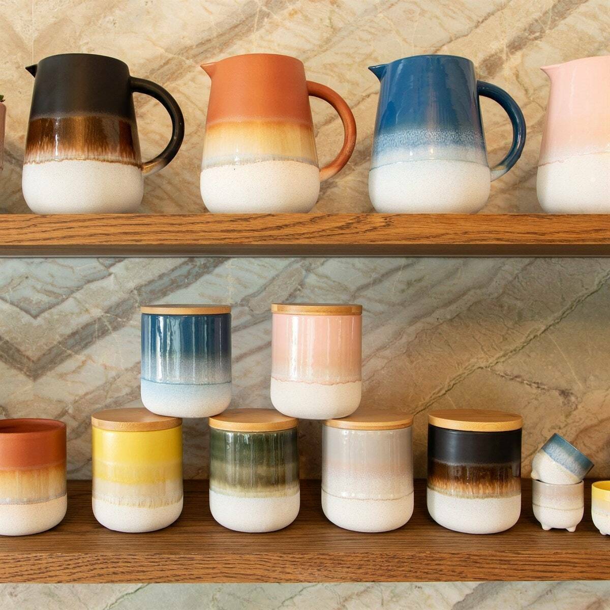 Ceramic Tea Coffee Sugar Biscuits Cookies Canister Storage Jars With Wooden Lids