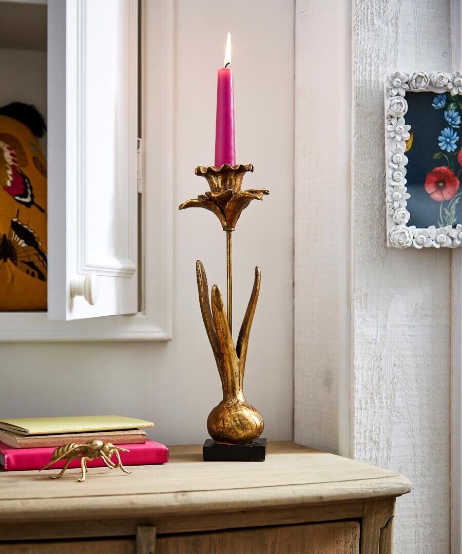 34cm Candle Holder Gold Resin Daffodils Flower Dinner Tapered Candle Holder