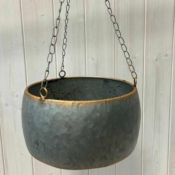 Grey Metal Hanging Plant Pot Flower Basket Garden Planter Gold Decorative Rim