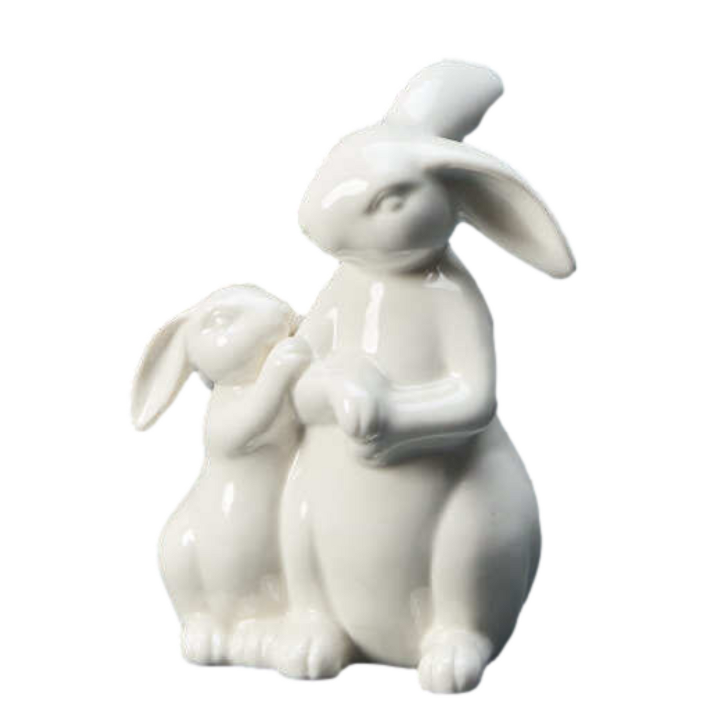 White Rabbits Figurine Glossy Ceramic Bunny Mother Baby Spring 14cm Ornament