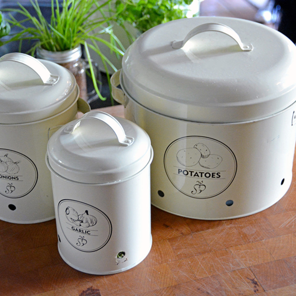 Metal Powder Coated Onion Garlic Potatoes Storage Jars Canisters With Handle Lid
