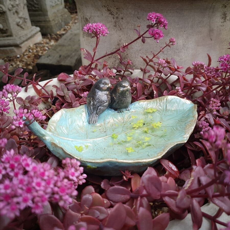 Resin Birds on Leaf Trinket Dish Birdfeeder Station Garden Home Ornament Bath