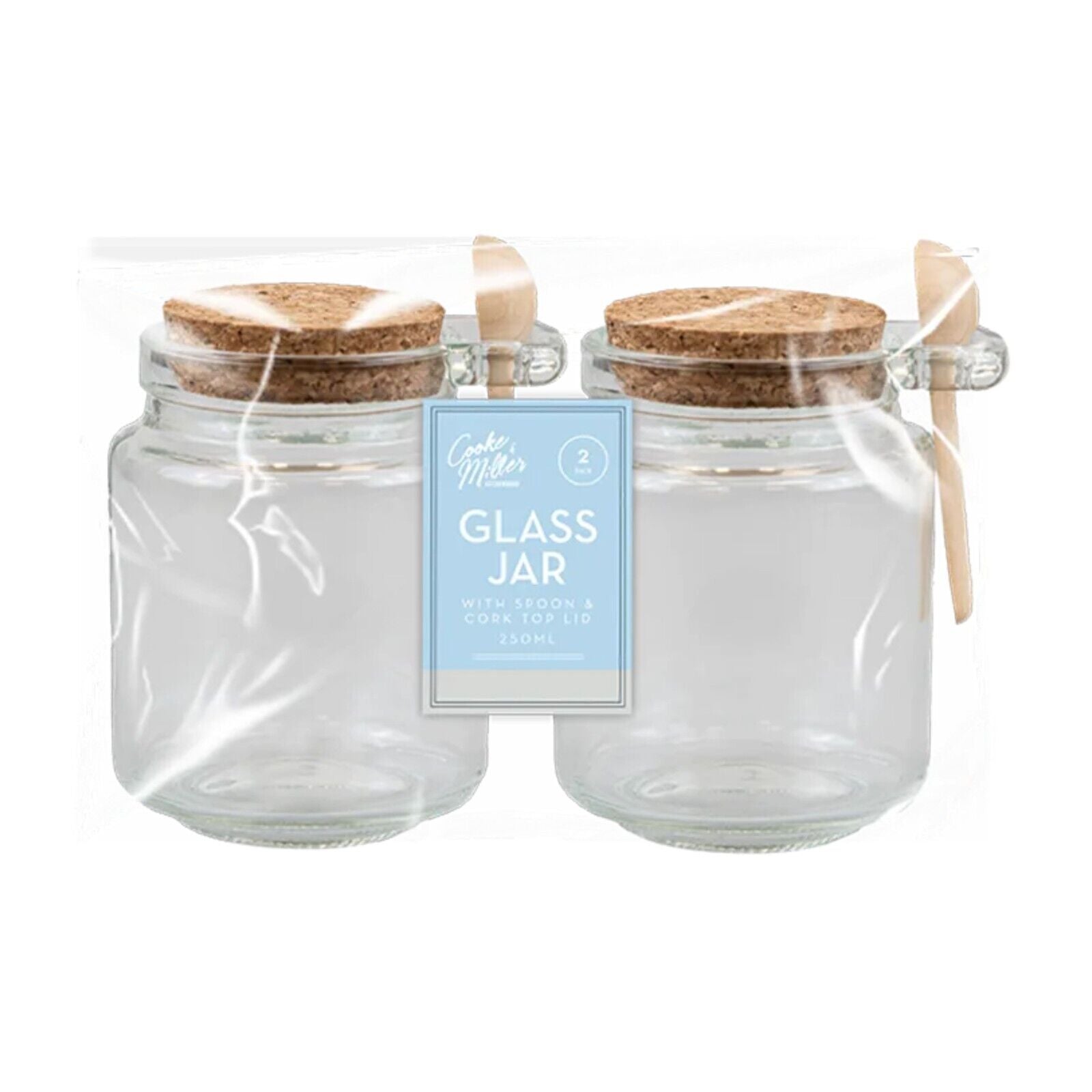 2Pc Glass Jars Airtight Cork Top, Wooden Spoon 250ML Storage Herb Spices Kitchen