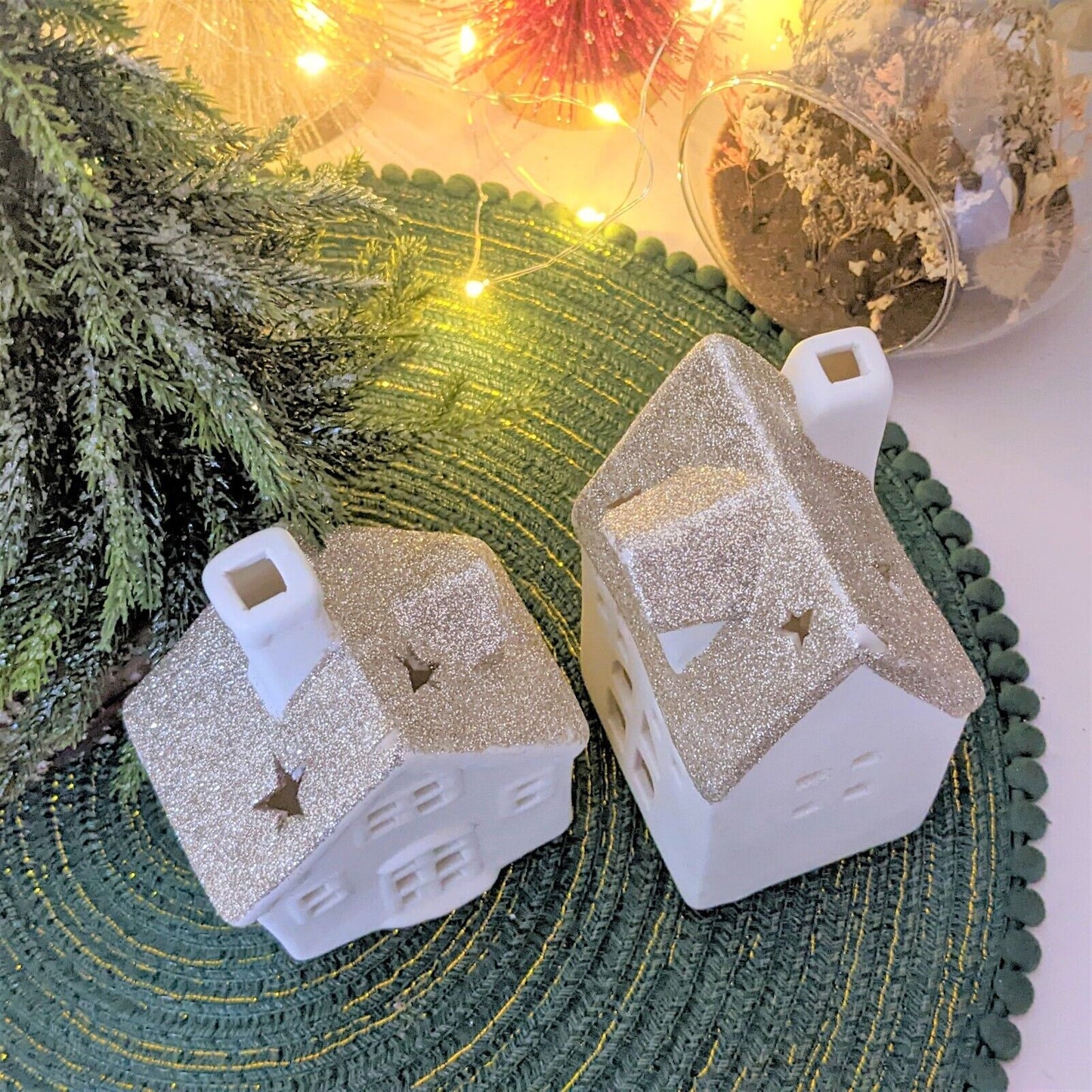 Cream Ceramic Warm LED Light Up Houses Huts Village Scene Christmas Ornaments