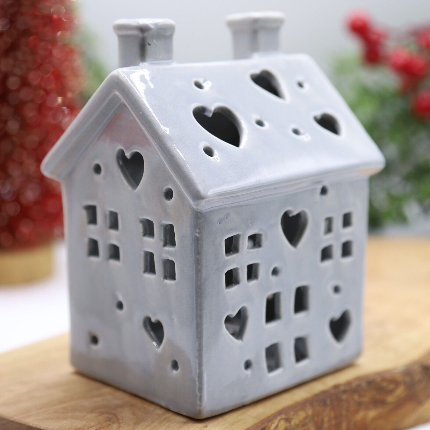 LED Grey Ceramic Home With Small Battery House Xmas Christmas Decor Ornament